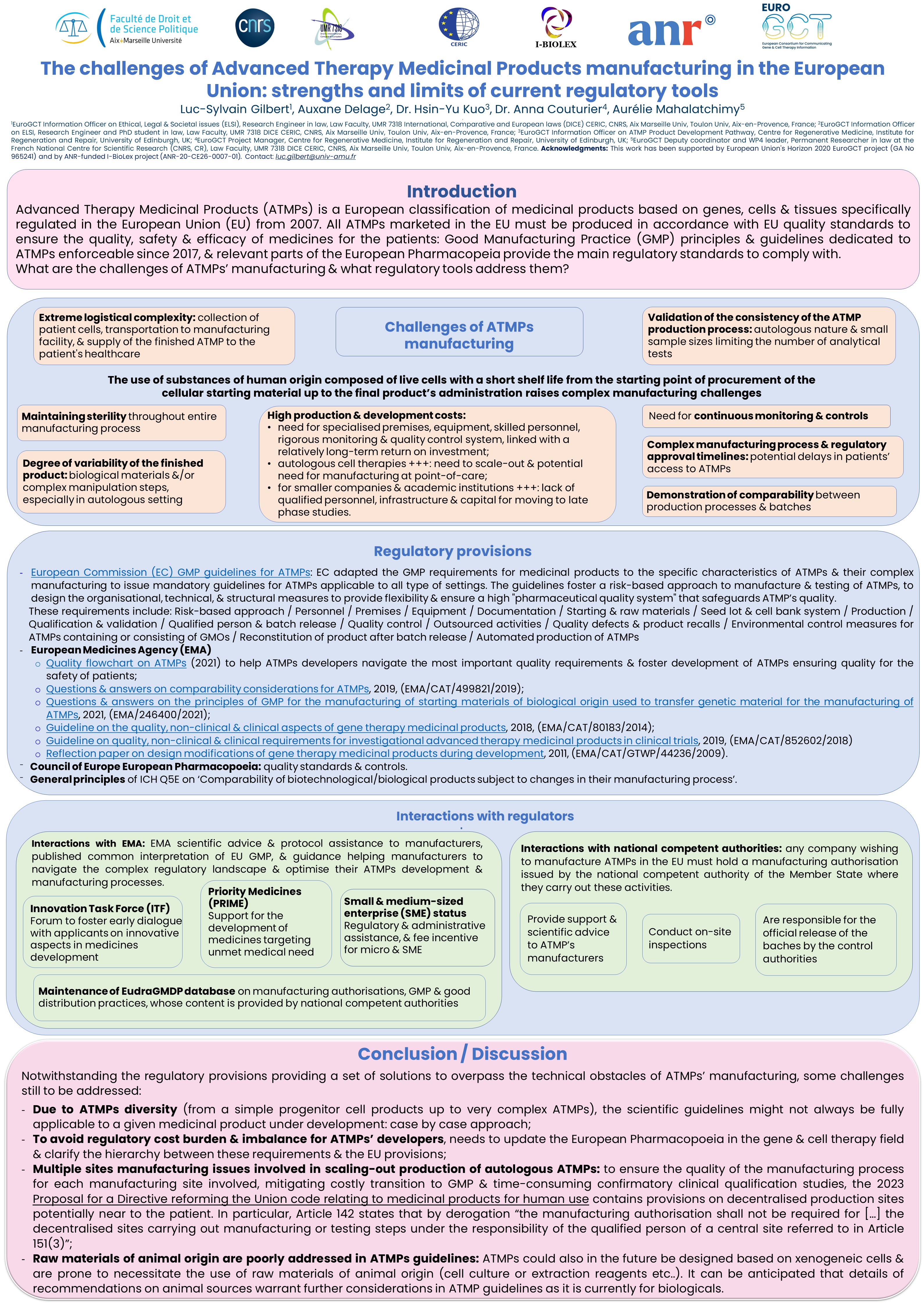 poster: The challenges of Advanced Therapy Medicinal Products manufacturing in the European Union: Strengths and limits of current regulatory tools