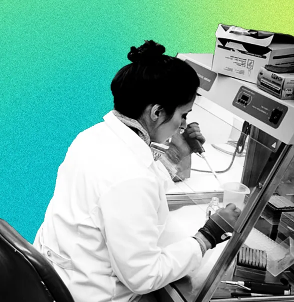 A scientist working in a sterile hood