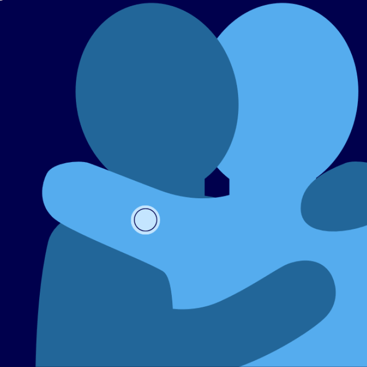 Cartoon graphic of two figures hugging. One wears an insulin patch on their arm.