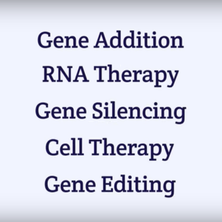 Screenshot from ASGCT's video 'Gene Therapy Approaches'. Two cartoon figures look at text listing gene therapy techniques: Gene Addition, RNA Therapy, Gene Silencing, Cell Therapy, Gene Editing
